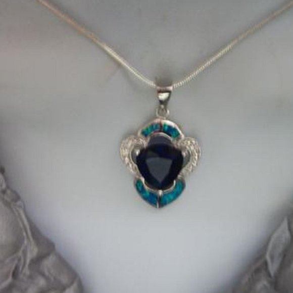 Blue Sapphire Australian Opal inlay white topaz  Sterling Silve pendant Necklace - Picture 2 of 3